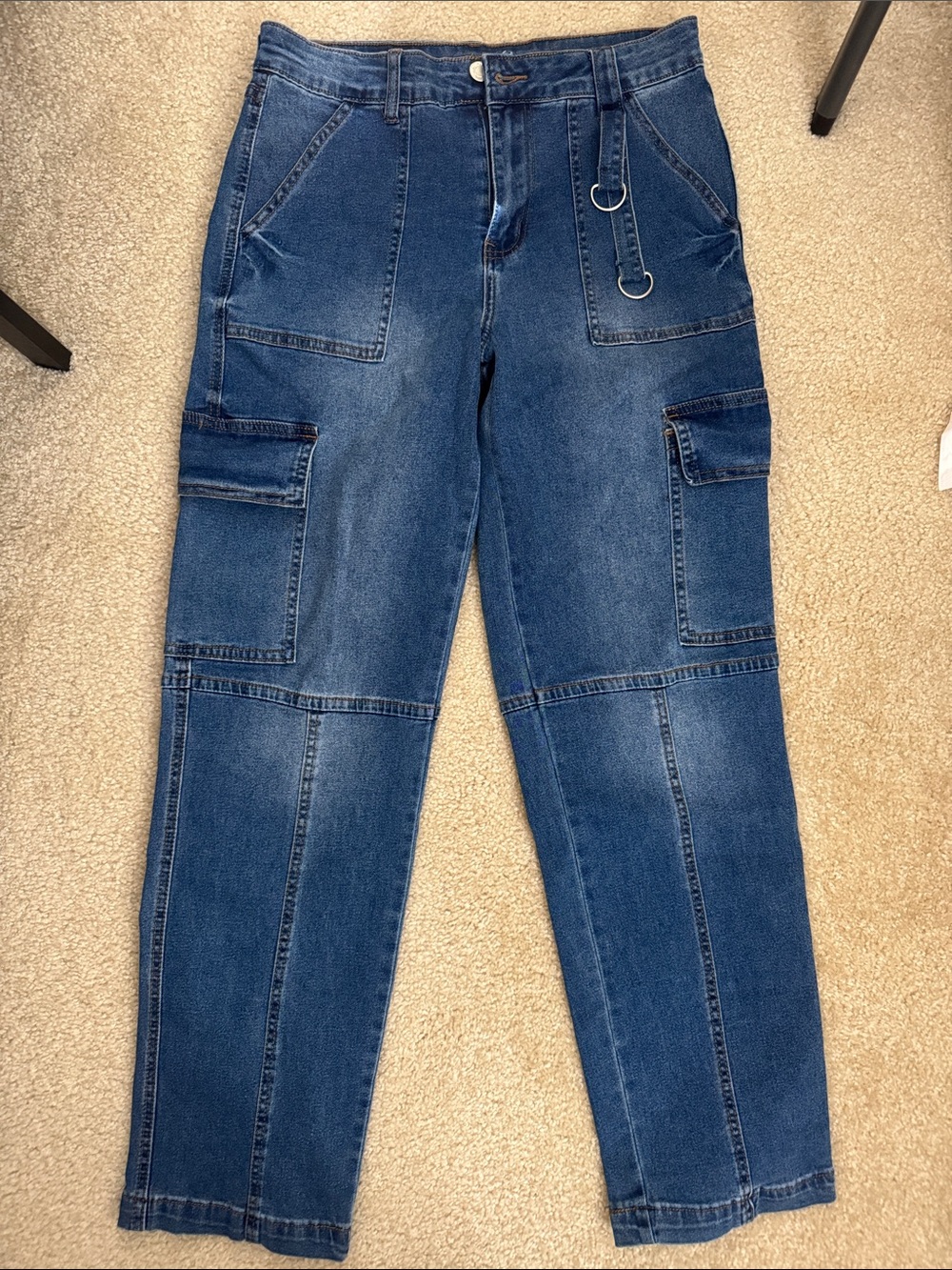 High-Rise Dark Blue Cargo Jeans with Utility Rings - Women's